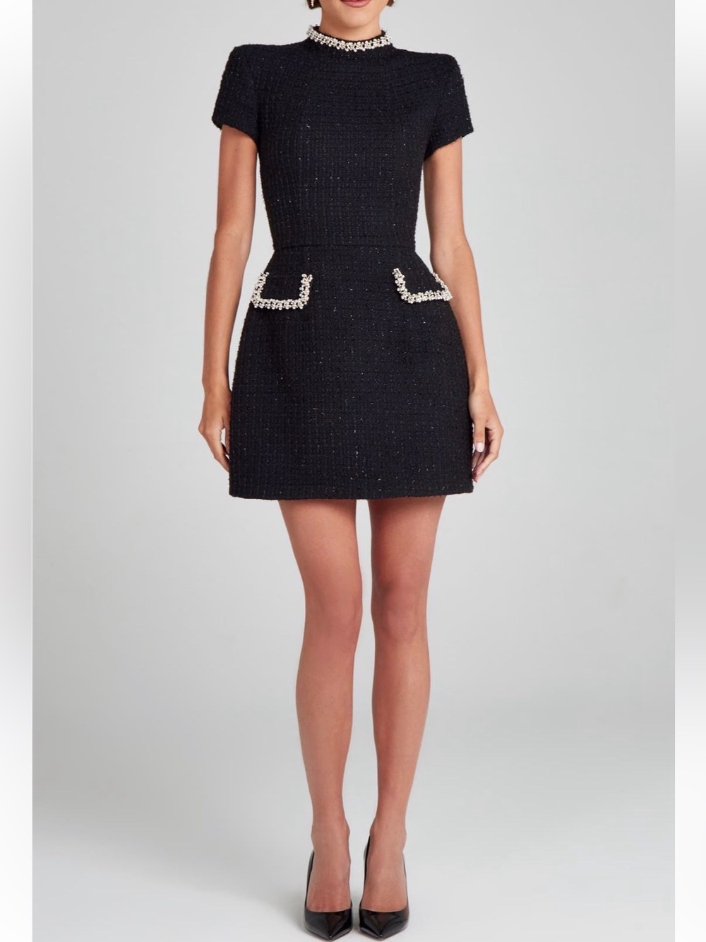 Nadine Merabi Simone Embellished Trim Shimmer Tweed Mini Dress